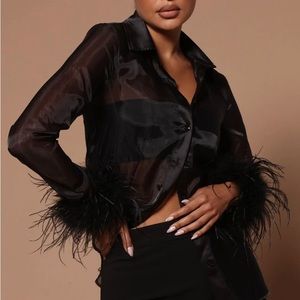 Sheer and feather button front shirt
